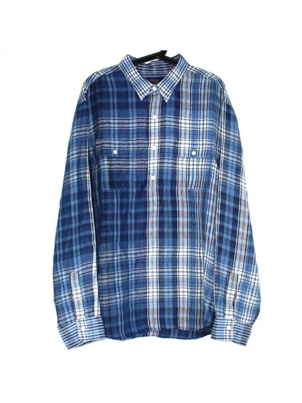 Polo Ralph Lauren Mens 2XL Indigo Linen Plaid Pullover Button Up Shirt G1454 - Picture 1 of 6
